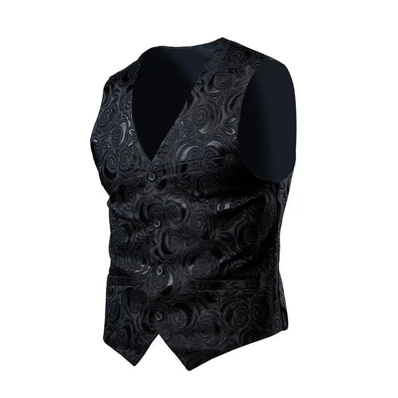 2023 Men's Black Embroidered V-Neck Suit Vest Large