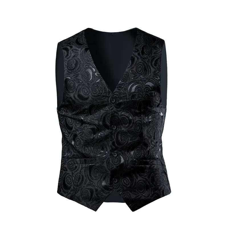 2023 Men's Black Embroidered V-Neck Suit Vest Large