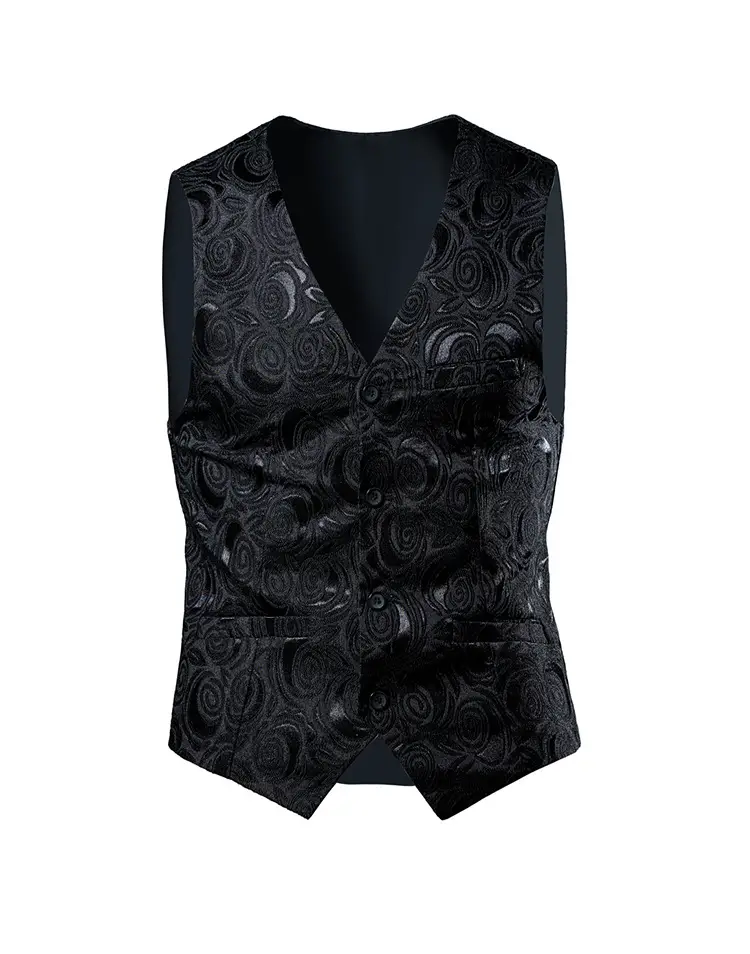 2023 Men's Black Embroidered V-Neck Suit Vest Large — feature 5