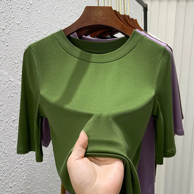 Women Olive Green Mid Sleeve T-Shirt 2025