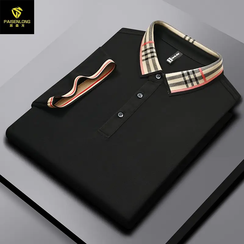 Men's White Polo Shirt with Plaid Neckband Large - Image 6