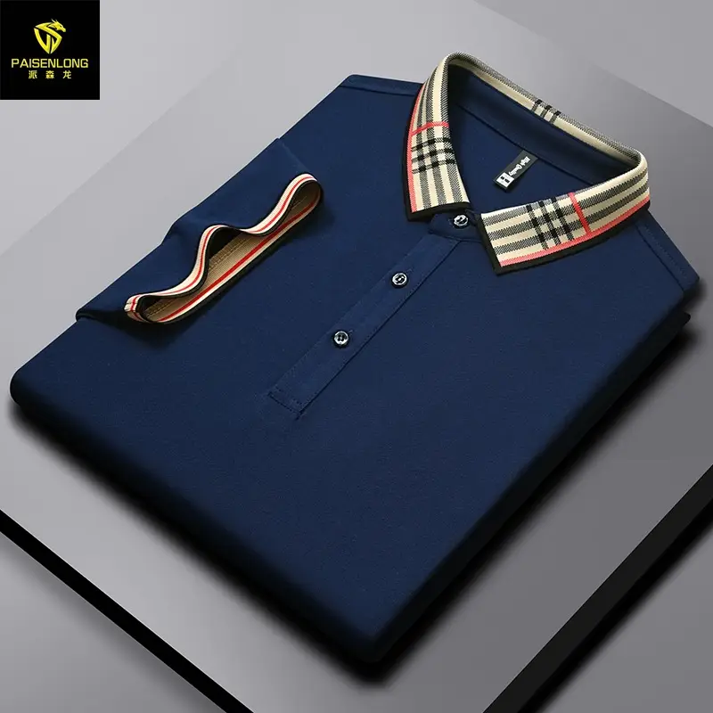 Men's White Polo Shirt with Plaid Neckband Large - Image 8