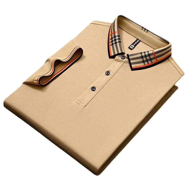 Men's White Polo Shirt with Plaid Neckband Large - Image 9