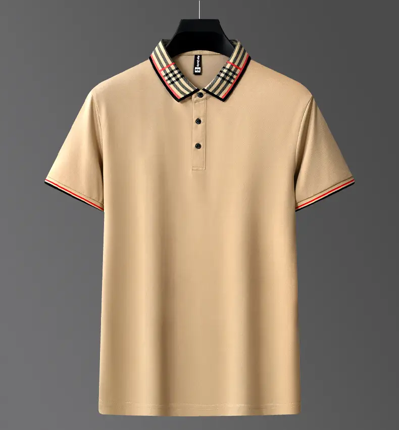 Men's White Polo Shirt with Plaid Neckband Large — feature 12