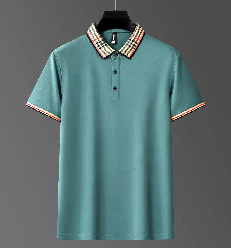 Men's White Polo Shirt with Plaid Neckband Large — feature 14
