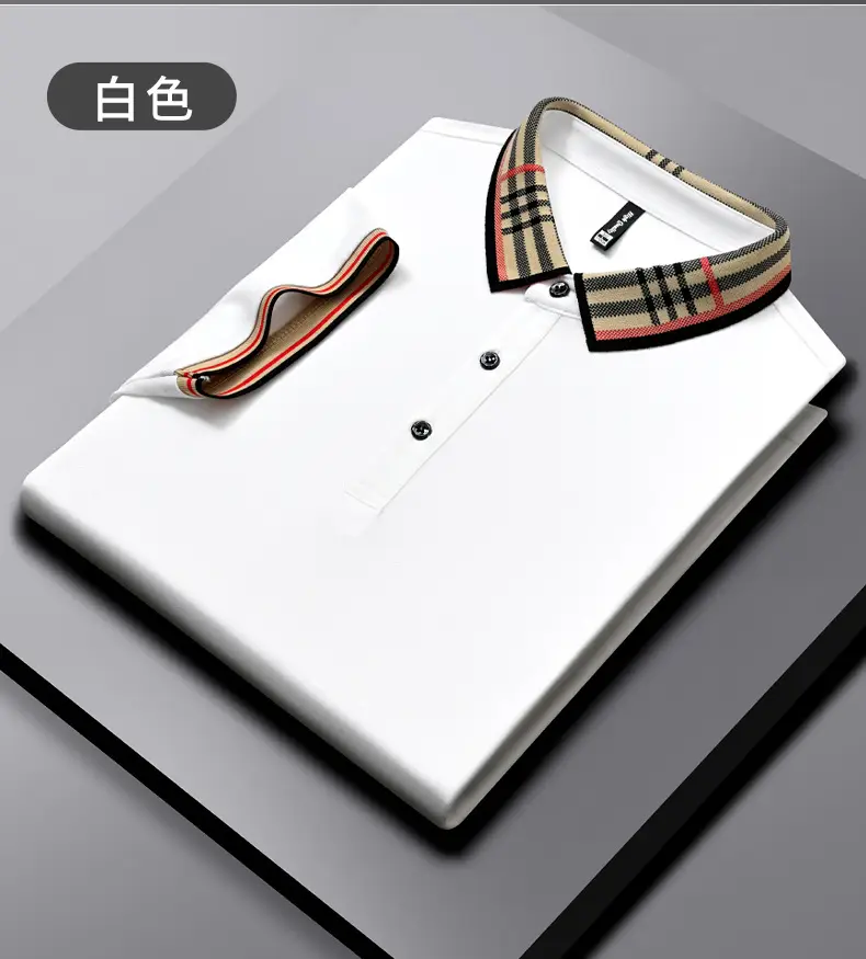 Men's White Polo Shirt with Plaid Neckband Large — feature 15