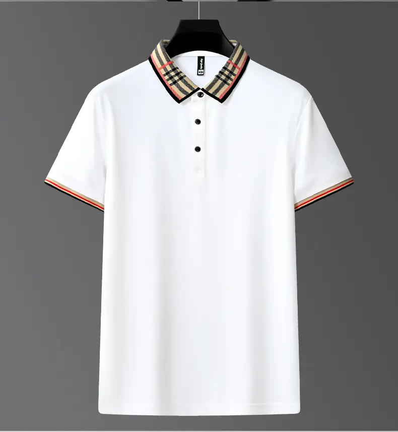 Men's White Polo Shirt with Plaid Neckband Large — feature 16