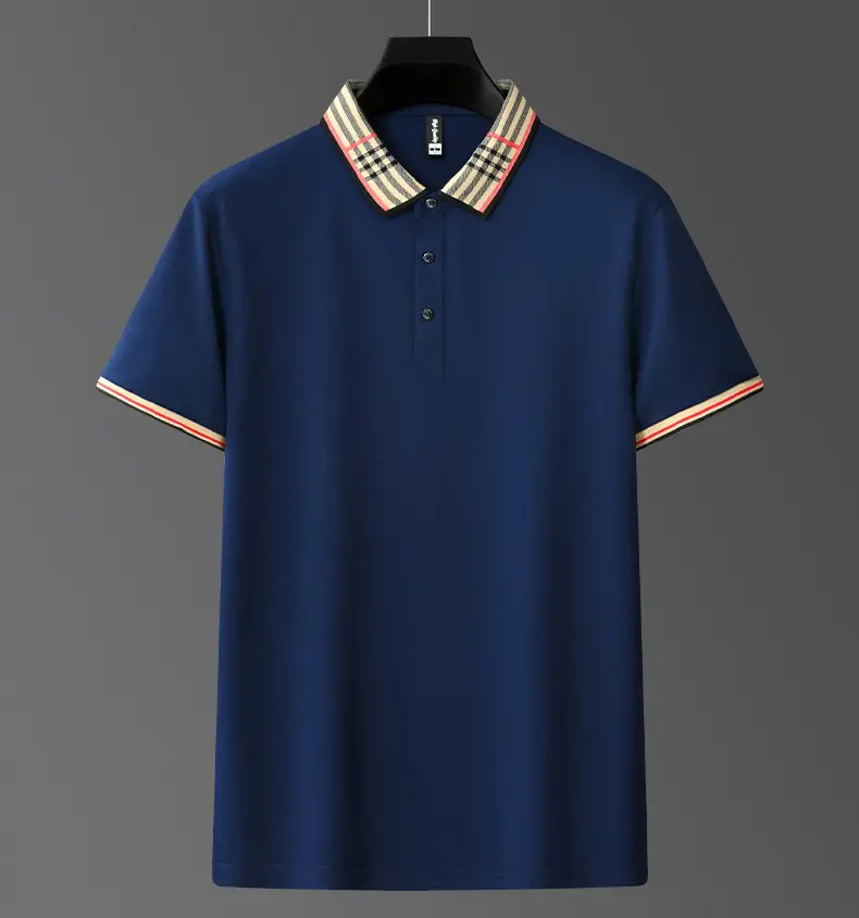 Men's White Polo Shirt with Plaid Neckband Large — feature 18
