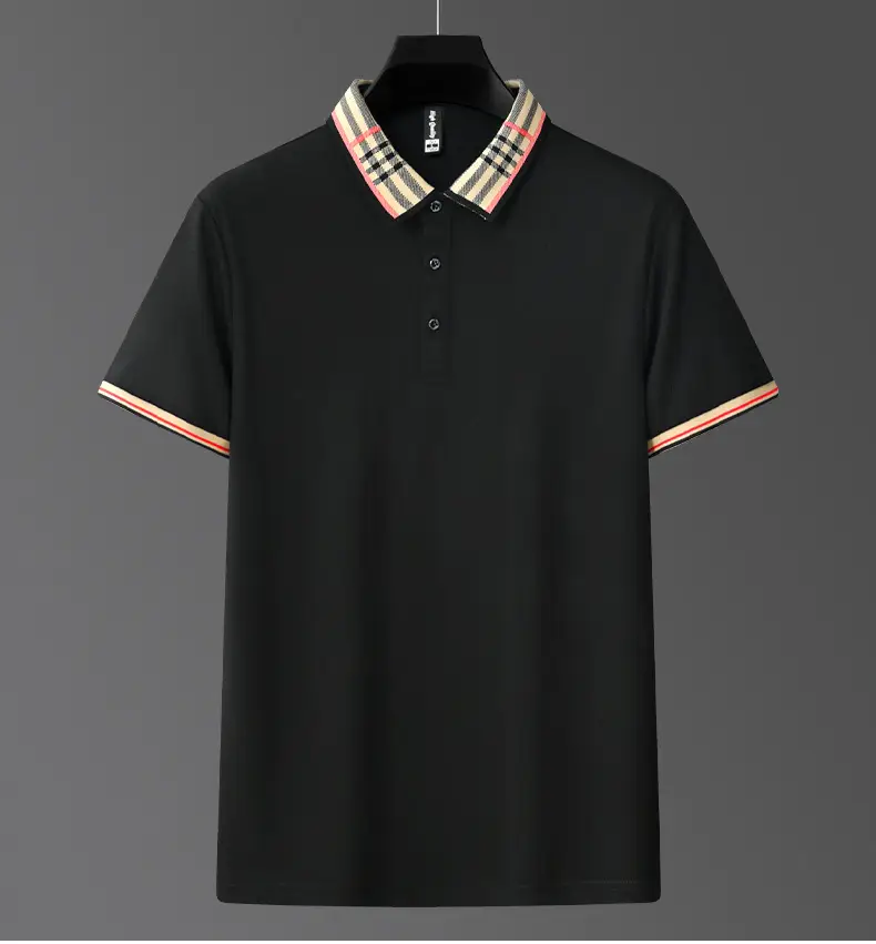 Men's White Polo Shirt with Plaid Neckband Large — feature 22
