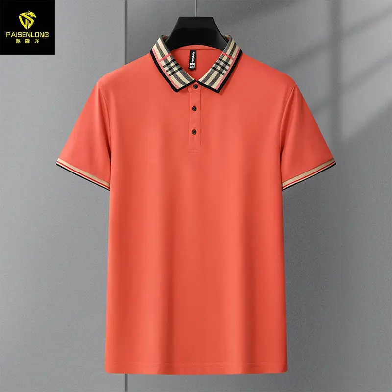 Men's White Polo Shirt with Plaid Neckband Large - Image 2