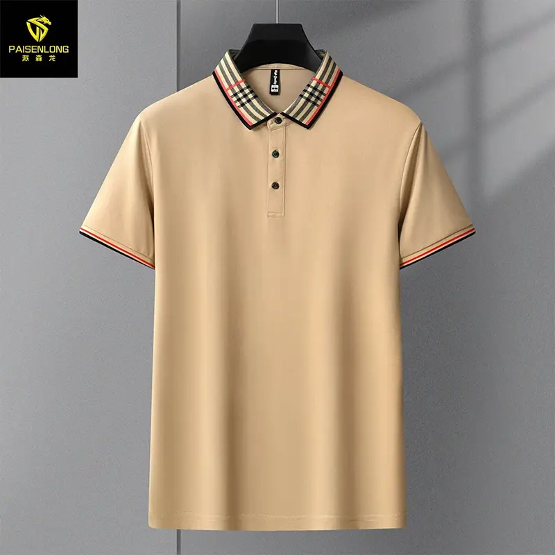 Men's White Polo Shirt with Plaid Neckband Large - Image 3