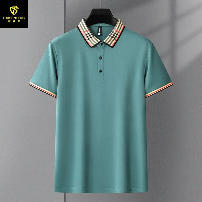 Men's White Polo Shirt with Plaid Neckband Large - Image 4
