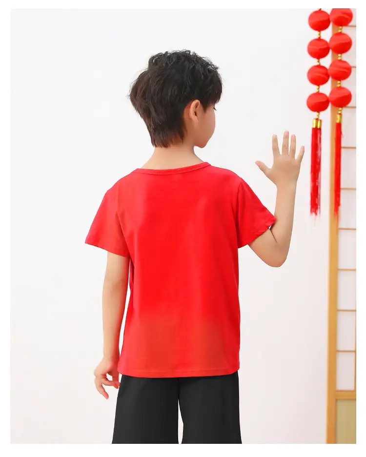 Chinese Red Pure Cotton Boys Girls T-Shirts Short Sleeve — feature 15