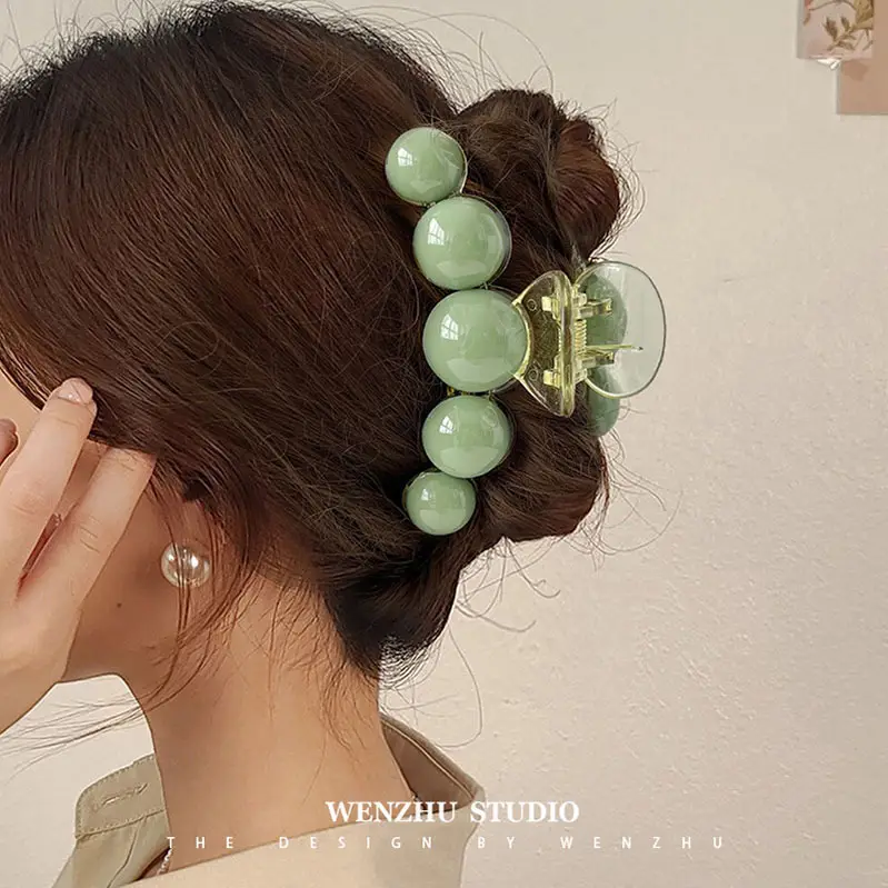 Green Pearl Hair Clip Large Back Ball Head Half Tie - Image 6
