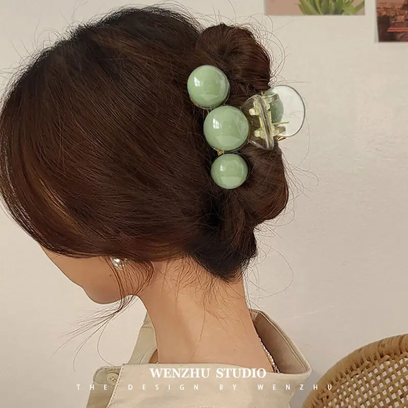 Green Pearl Hair Clip Large Back Ball Head Half Tie - Image 8