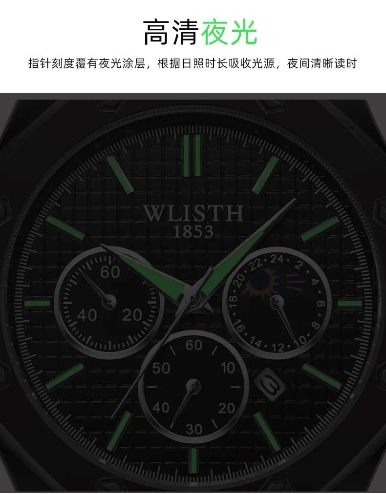 Men's Swiss Brand Waterproof Chronograph Watch Black Steel Band — feature 16
