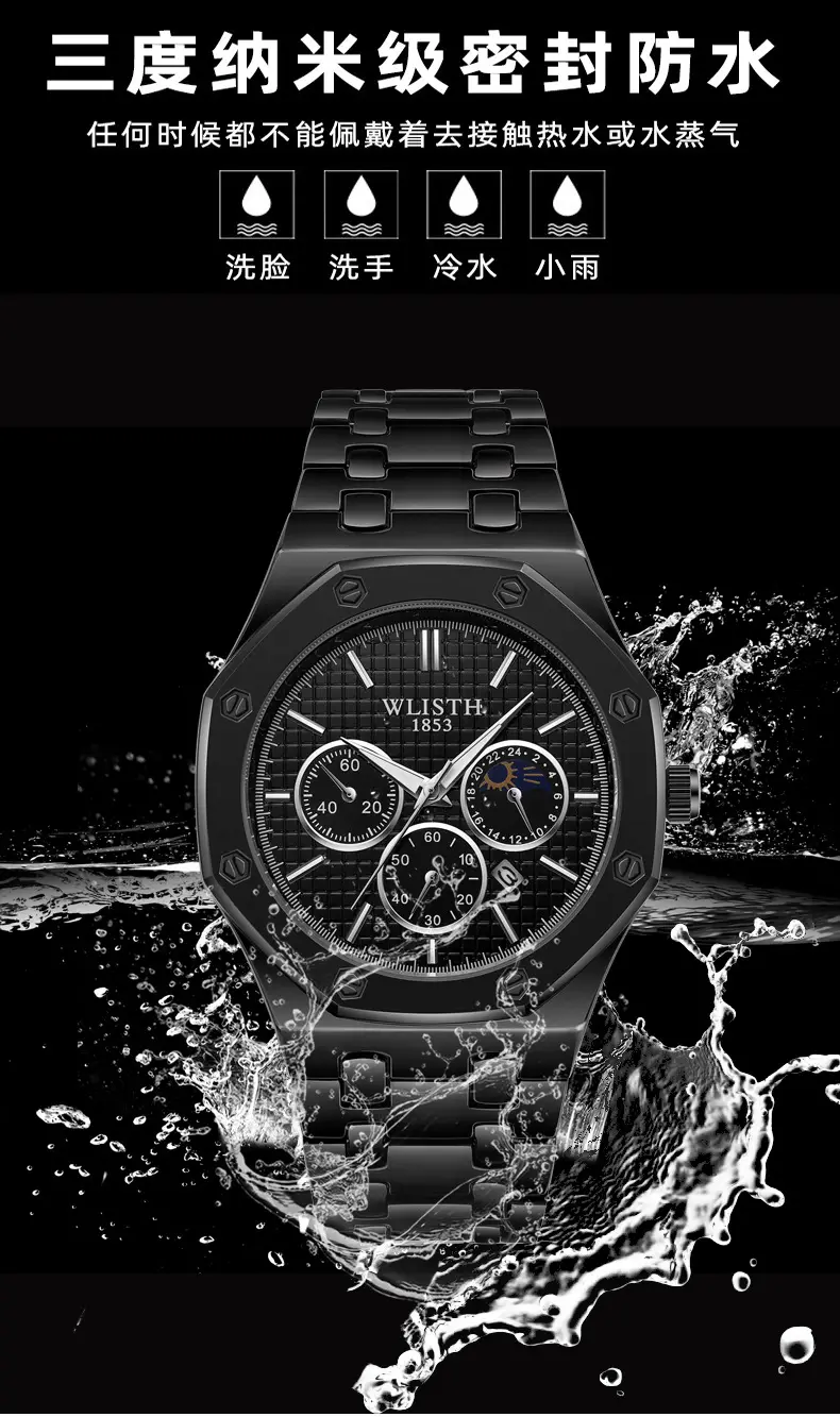 Men's Swiss Brand Waterproof Chronograph Watch Black Steel Band — feature 17