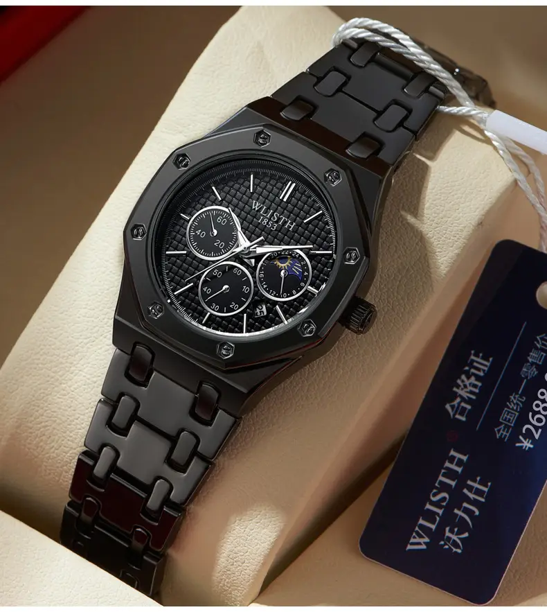 Men's Swiss Brand Waterproof Chronograph Watch Black Steel Band — feature 24
