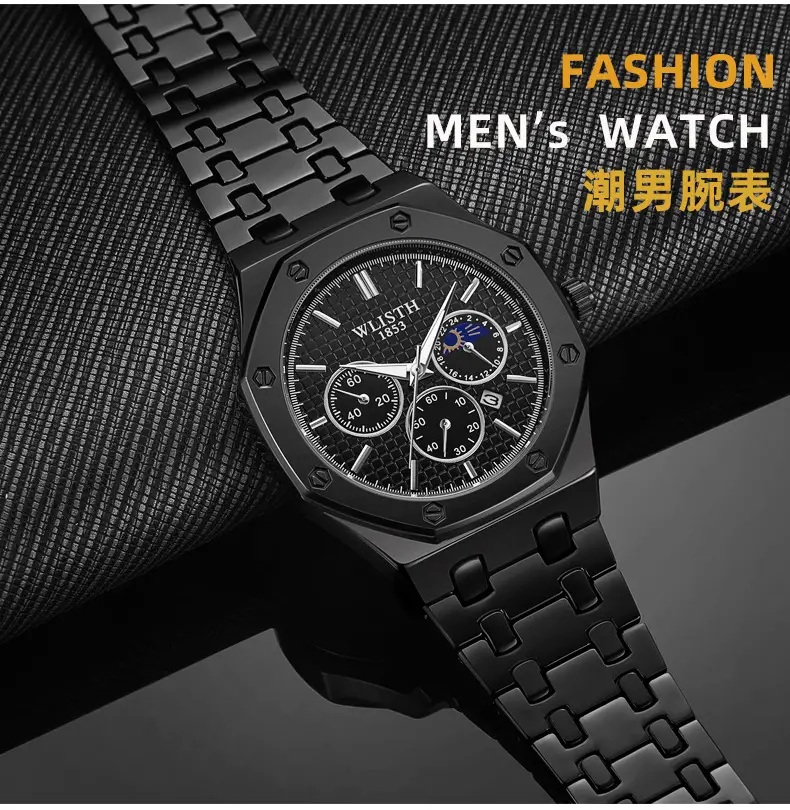 Men's Swiss Brand Waterproof Chronograph Watch Black Steel Band — feature 8