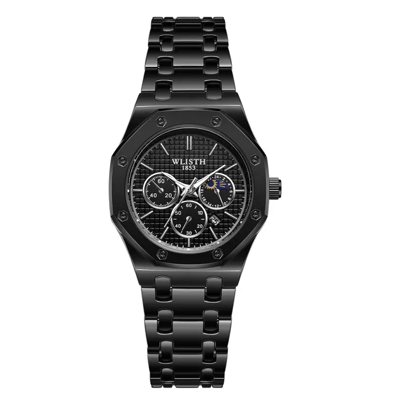 Men's Swiss Brand Waterproof Chronograph Watch Black Steel Band - Image 2