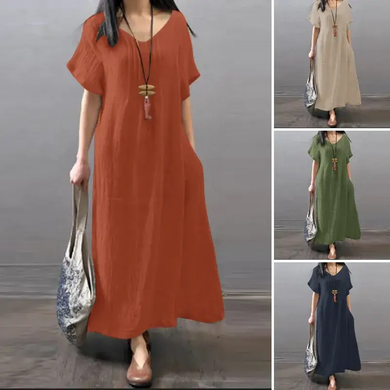 Women Cotton Linen Loose Summer Dress Orange