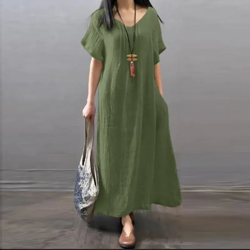Women Cotton Linen Loose Summer Dress Orange