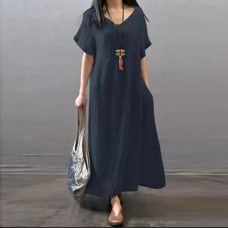 Women Cotton Linen Loose Summer Dress Orange