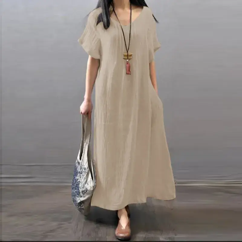 Women Cotton Linen Loose Summer Dress Orange