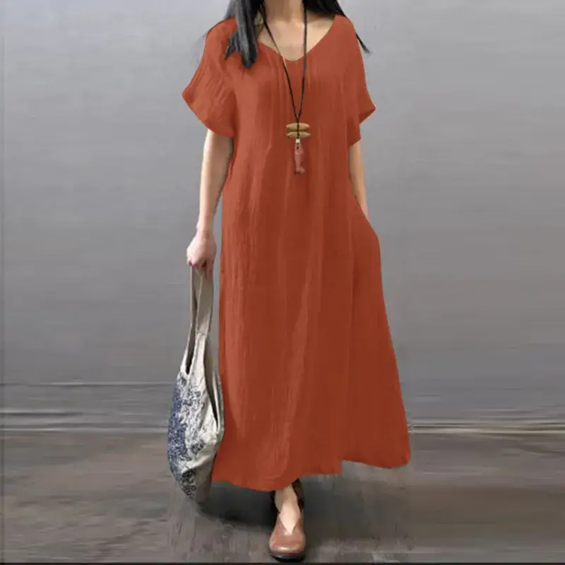 Women Cotton Linen Loose Summer Dress Orange