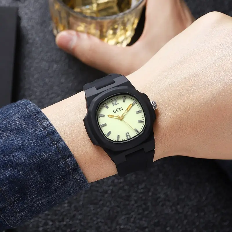 Men's Black Quartz Silicone Sports Watch with Gold Dial - Image 4