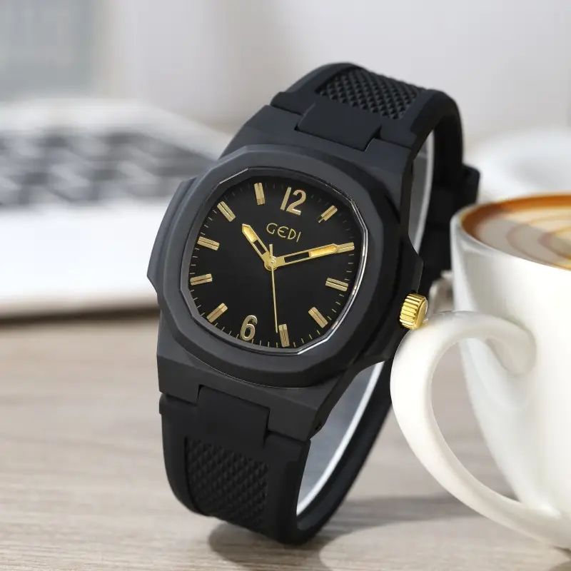 Men's Black Quartz Silicone Sports Watch with Gold Dial - Image 5