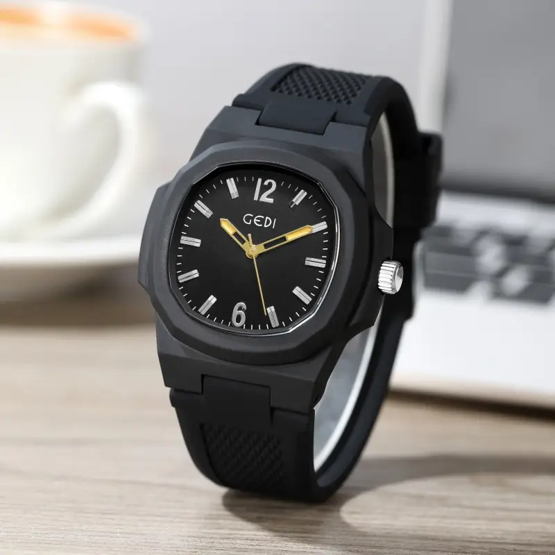 Men's Black Quartz Silicone Sports Watch with Gold Dial - Image 6