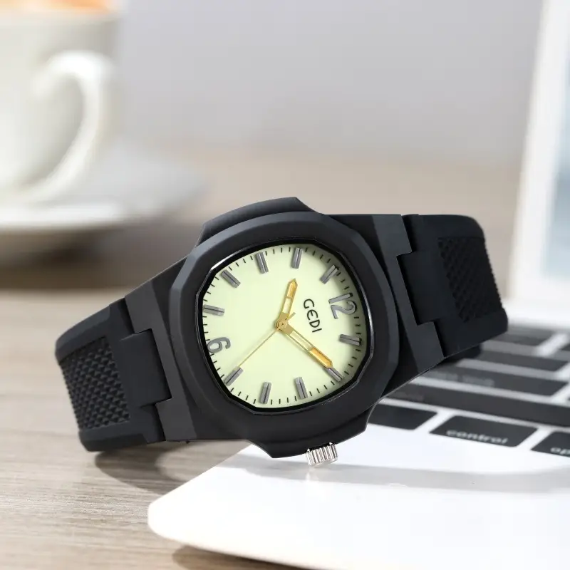 Men's Black Quartz Silicone Sports Watch with Gold Dial - Image 7