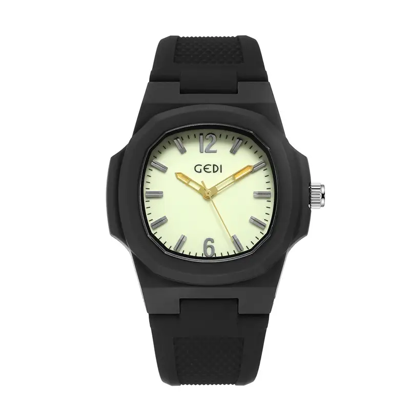 Men's Black Quartz Silicone Sports Watch with Gold Dial - Image 3
