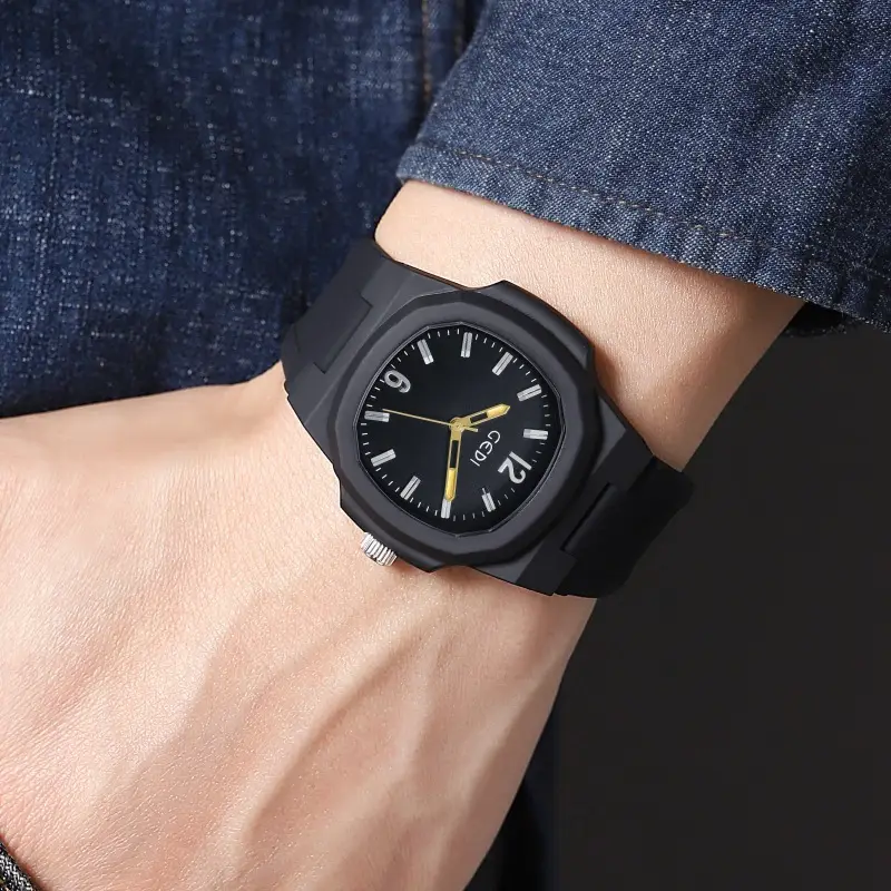 Men's Black Quartz Silicone Sports Watch with Gold Dial — feature 9