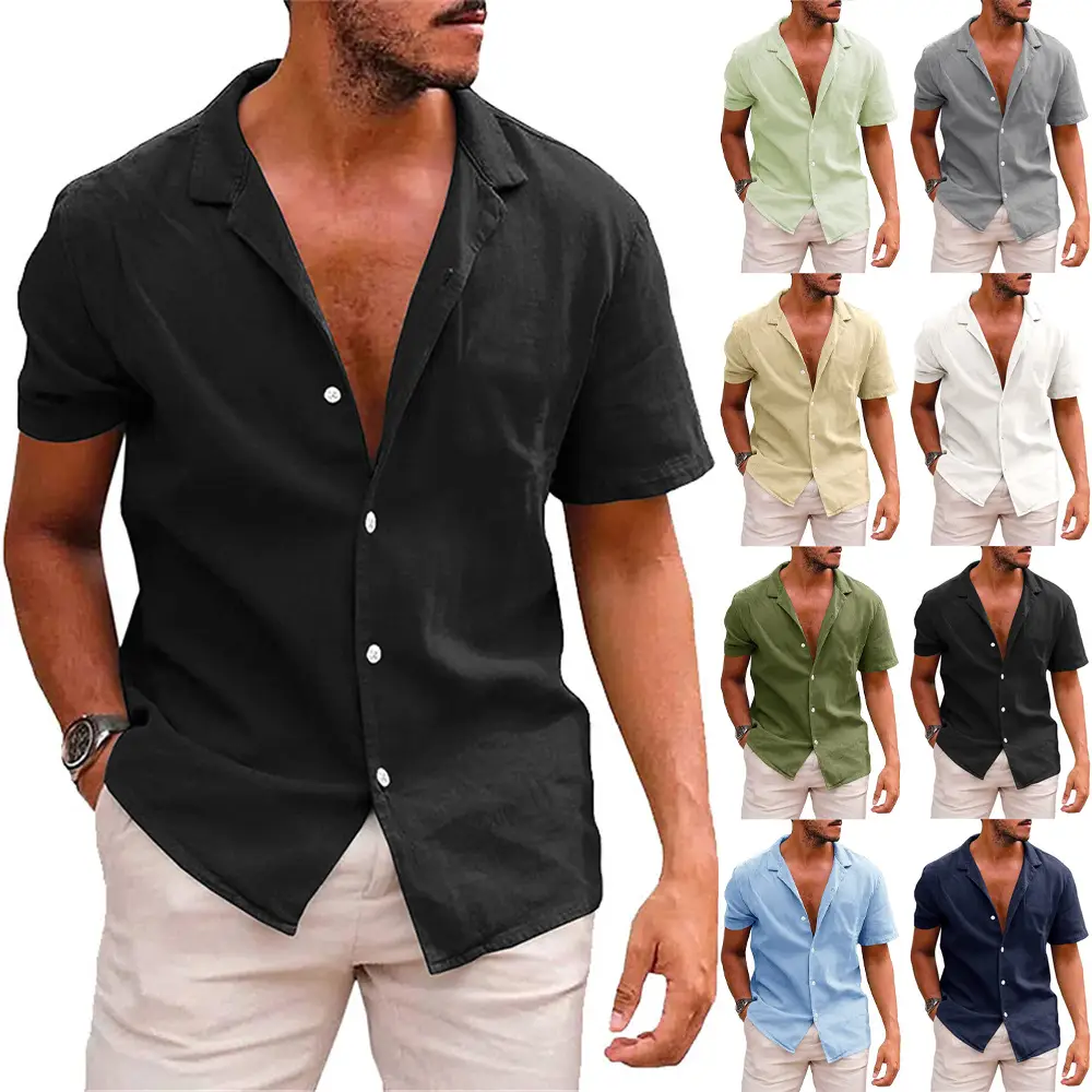 Men's 2023 Cotton Linen Casual Shirt Beige Short Sleeve - Image 7