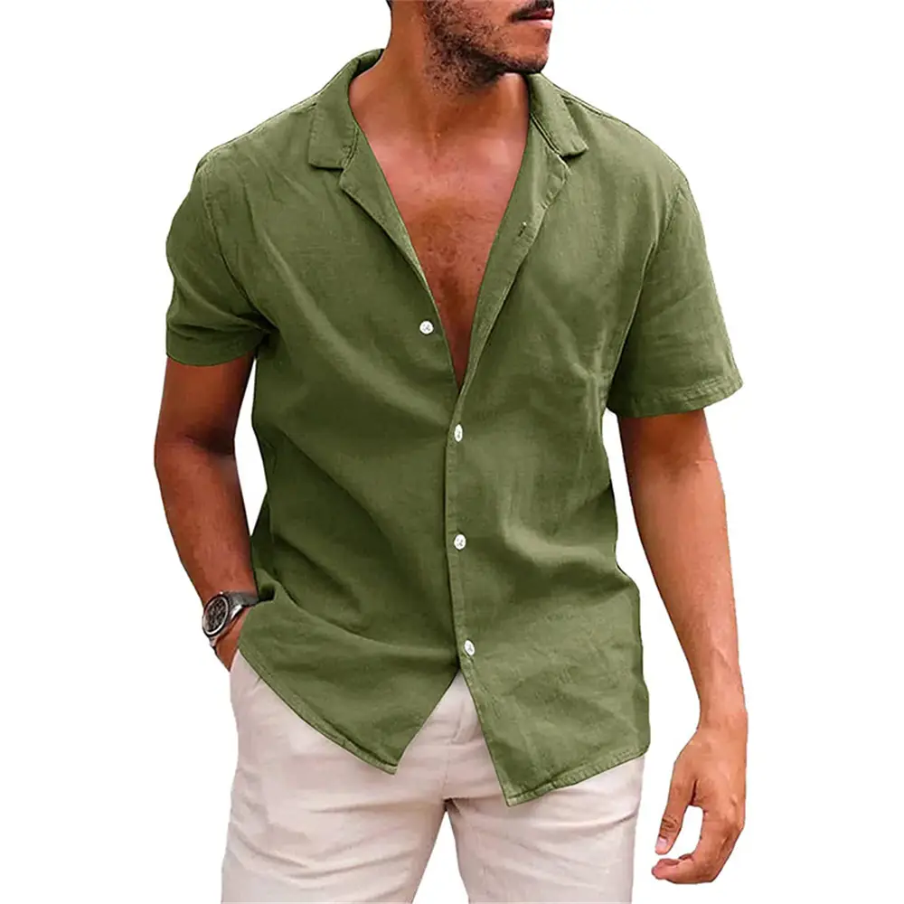 Men's 2023 Cotton Linen Casual Shirt Beige Short Sleeve - Image 8