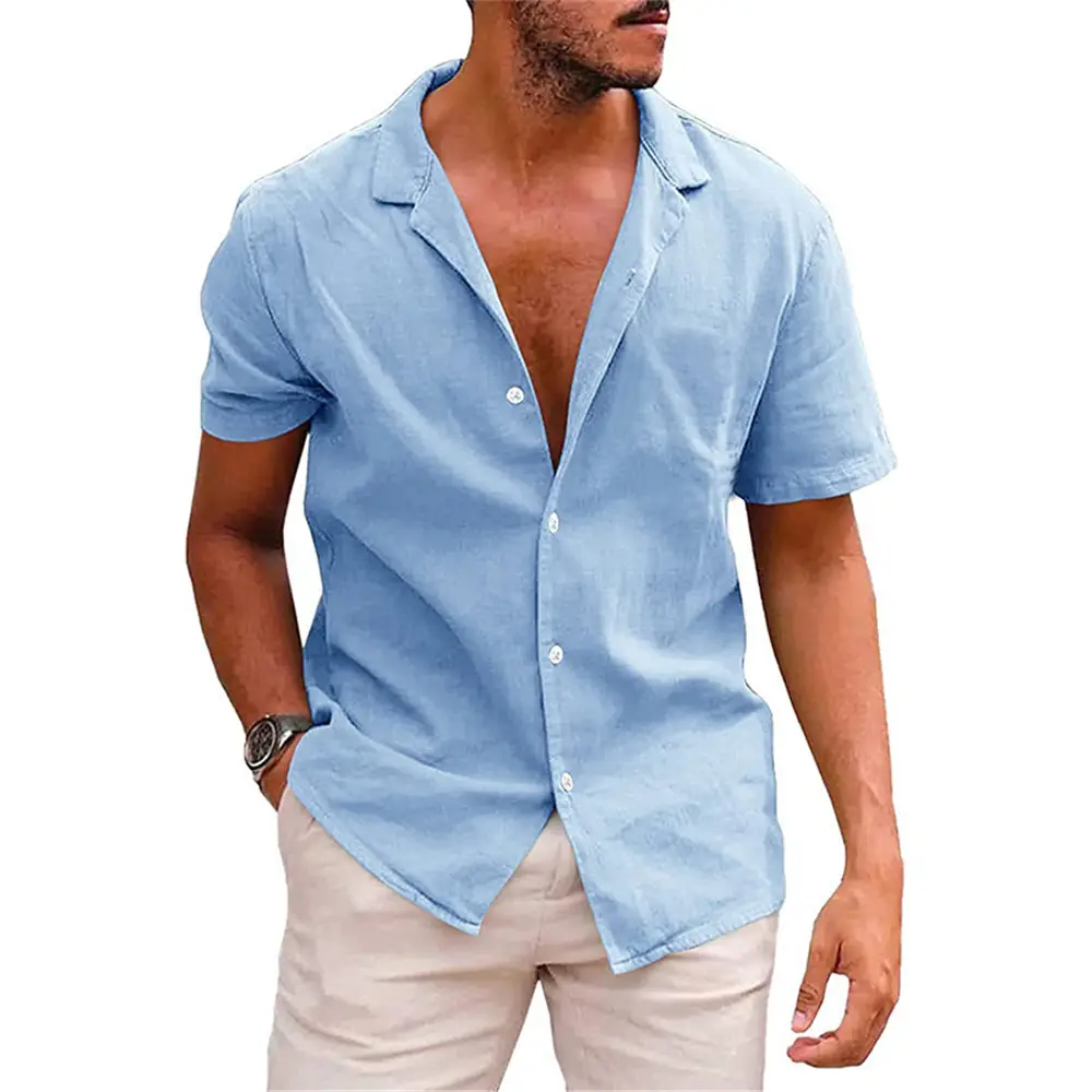 Men's 2023 Cotton Linen Casual Shirt Beige Short Sleeve - Image 3