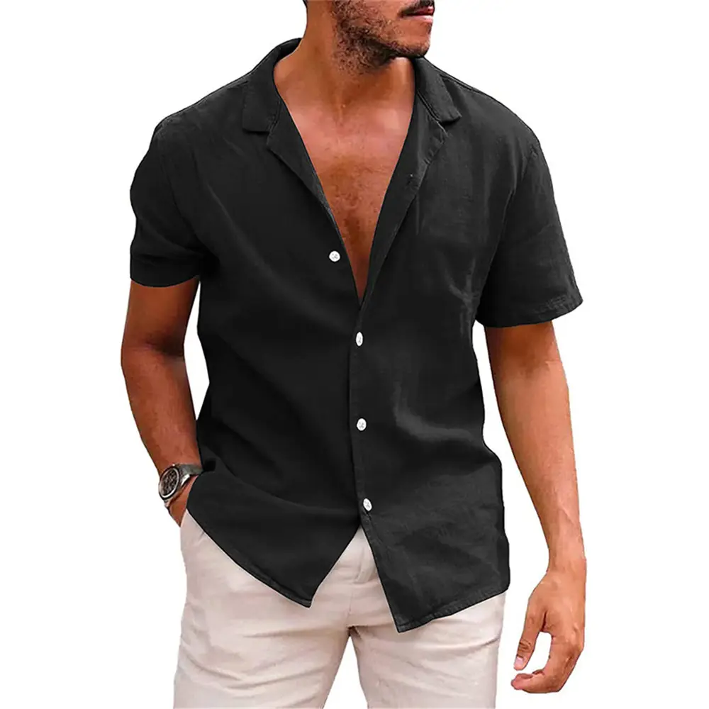 Men's 2023 Cotton Linen Casual Shirt Beige Short Sleeve - Image 2