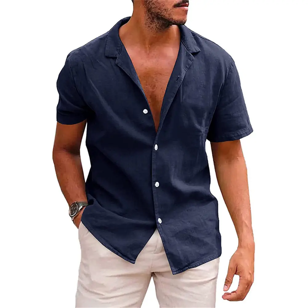 Men's 2023 Cotton Linen Casual Shirt Beige Short Sleeve - Image 4