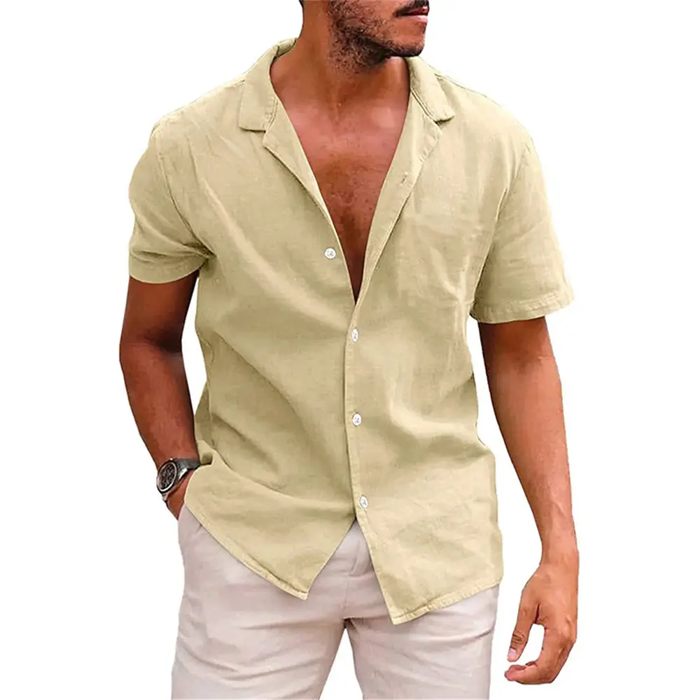 Men's 2023 Cotton Linen Casual Shirt Beige Short Sleeve - Image 5