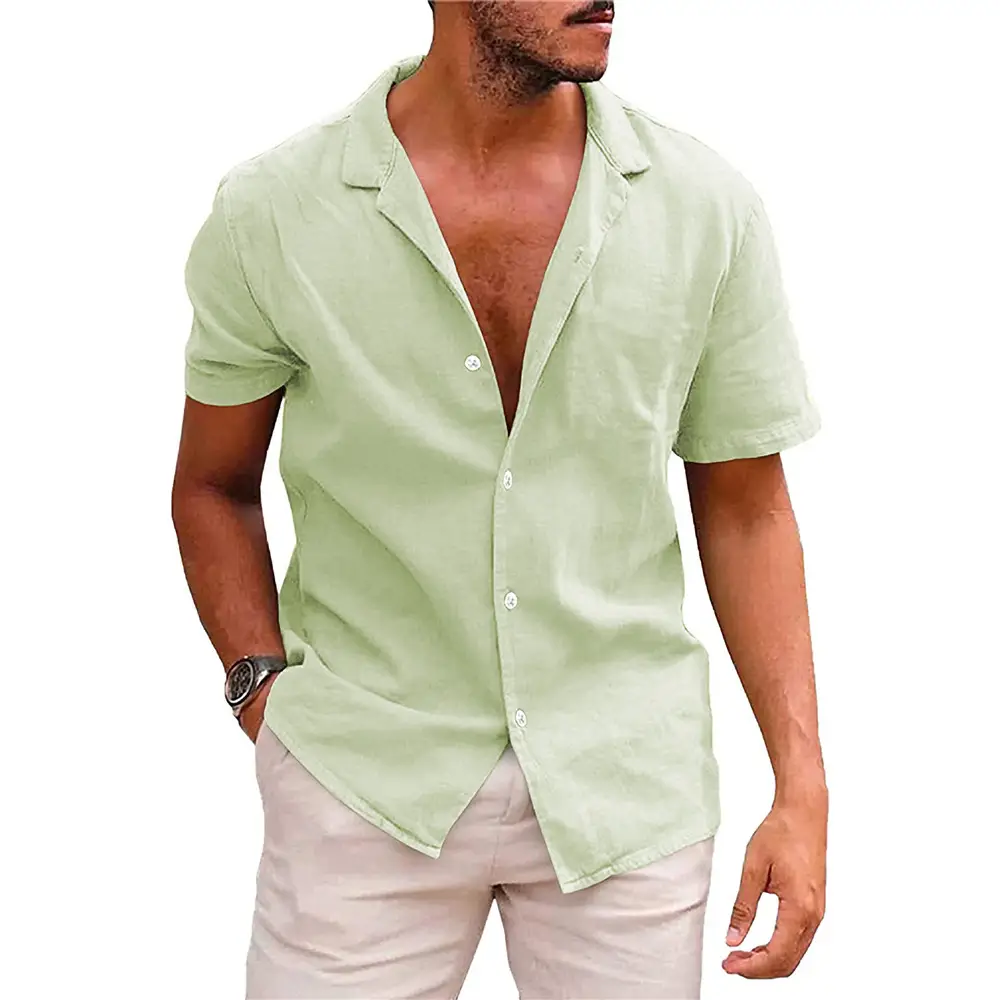 Men's 2023 Cotton Linen Casual Shirt Beige Short Sleeve — feature 7
