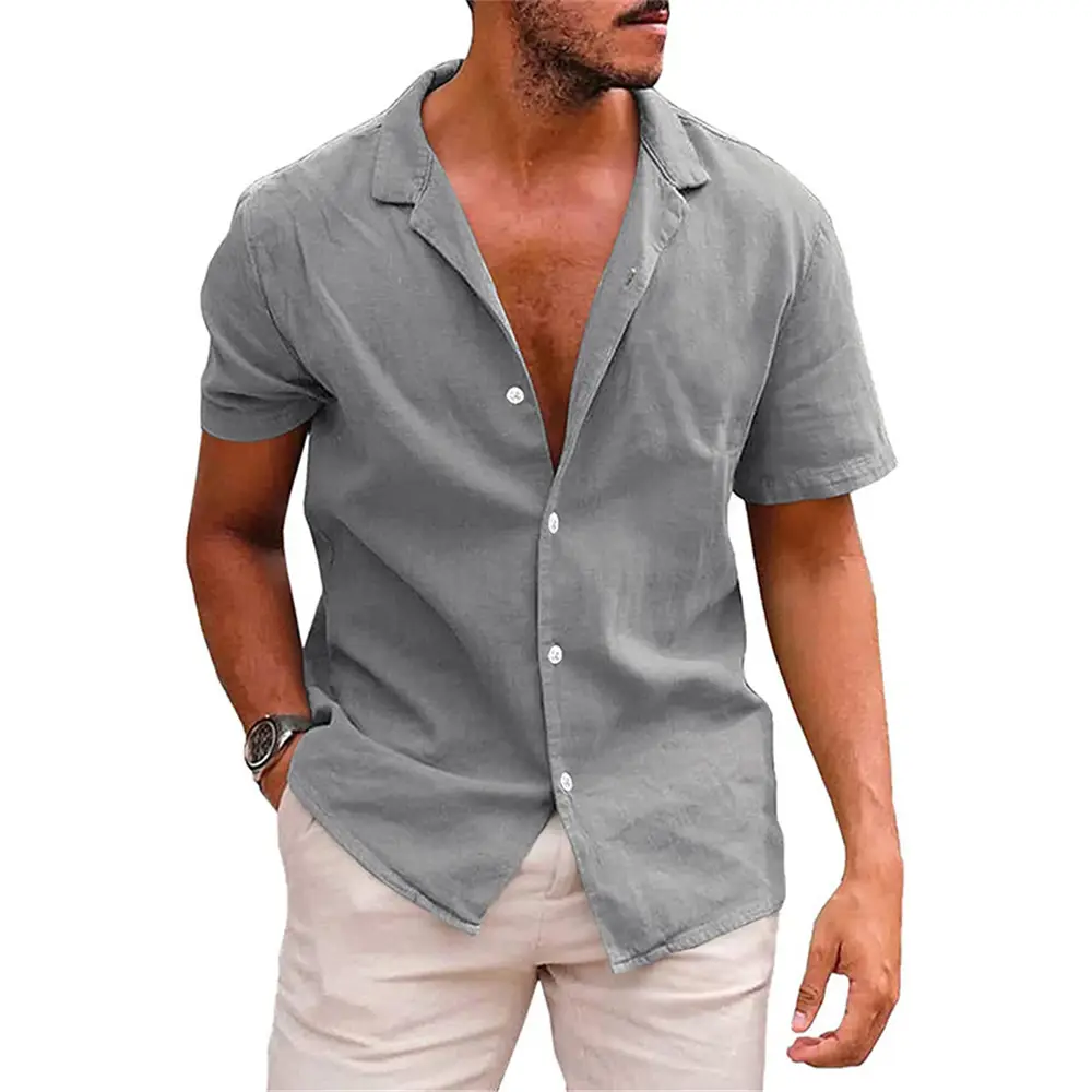Men's 2023 Cotton Linen Casual Shirt Beige Short Sleeve - Image 6