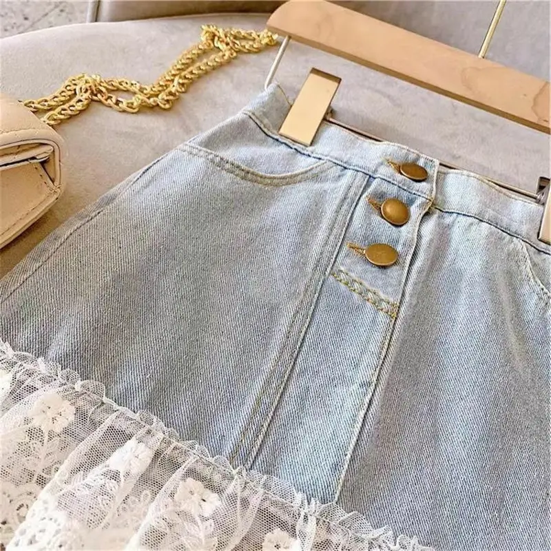 Girls' Lace Step Denim Skirt Blue White - Image 7