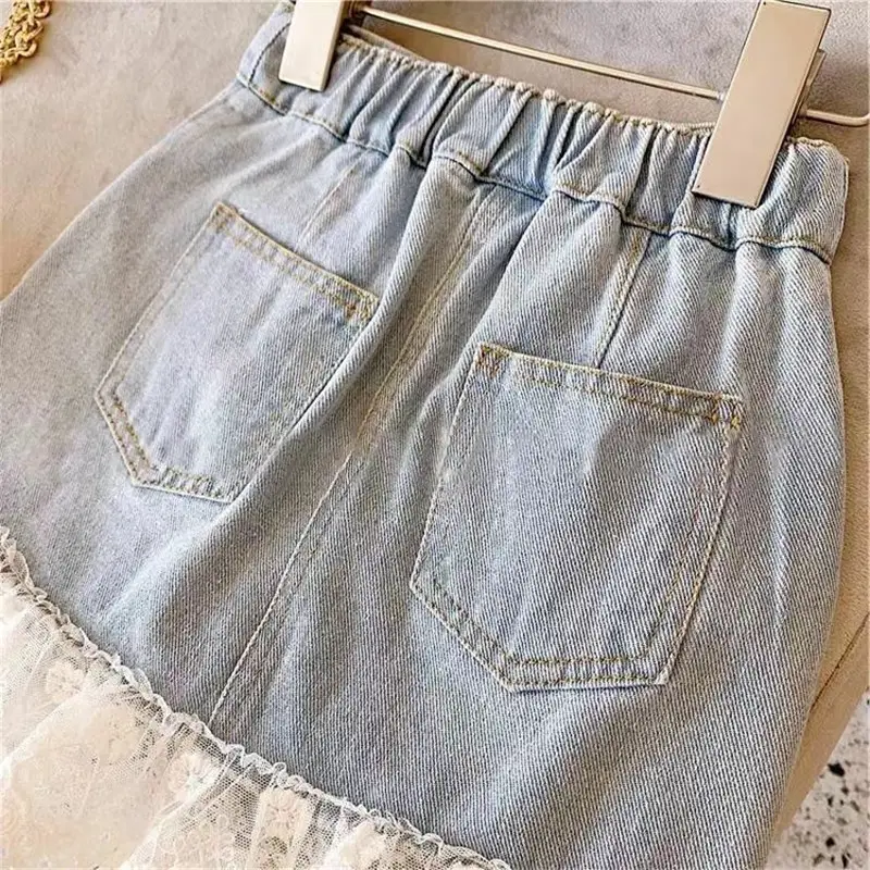 Girls' Lace Step Denim Skirt Blue White - Image 9