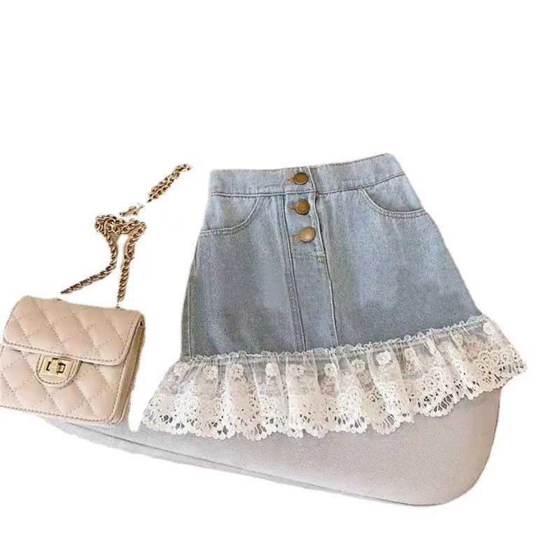 Girls' Lace Step Denim Skirt Blue White - Image 10