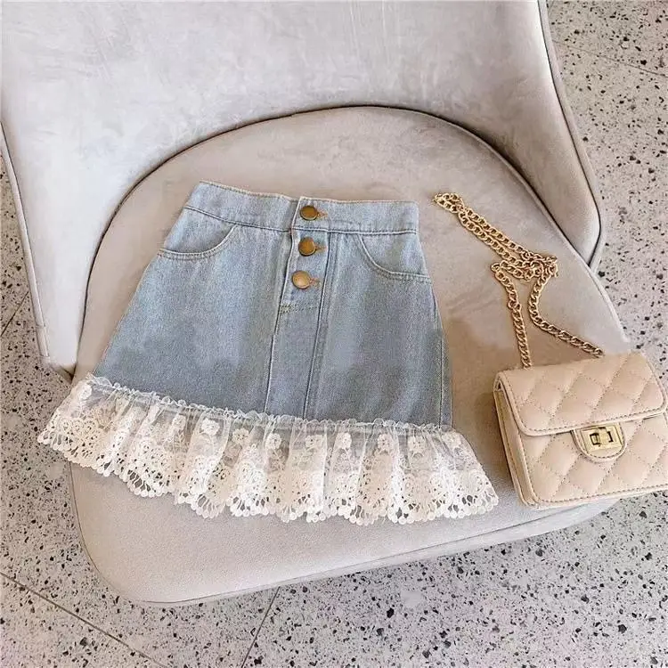 Girls' Lace Step Denim Skirt Blue White — feature 1