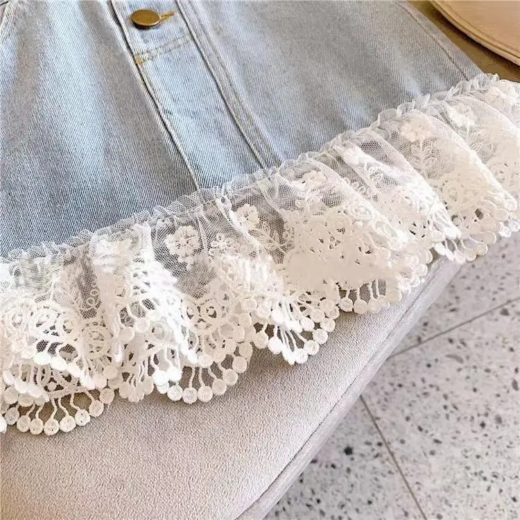 Girls' Lace Step Denim Skirt Blue White — feature 10