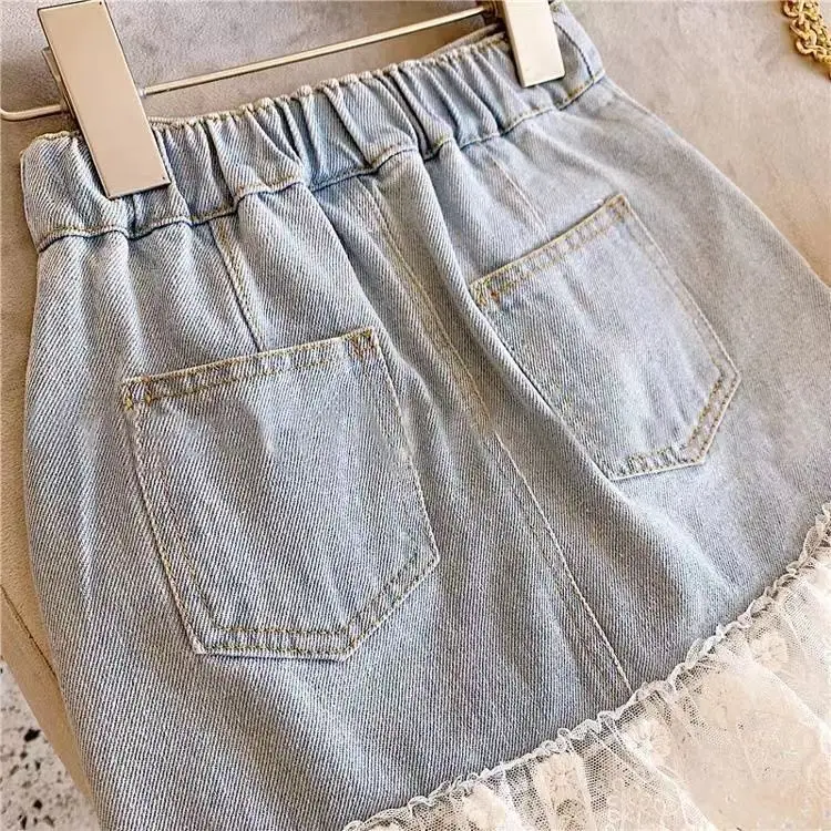 Girls' Lace Step Denim Skirt Blue White — feature 12