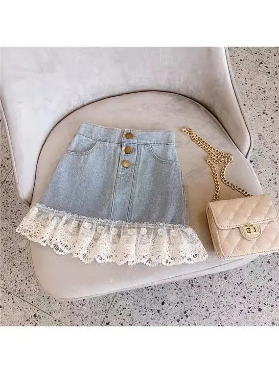 Girls' Lace Step Denim Skirt Blue White — feature 2